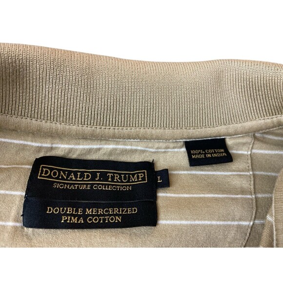 Donald J Trump Polo Shirt Men Large Brown Pima Cotton Long Sleeves Tan Striped - Picture 7 of 7